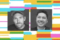 Graphic illustration showing side-by-side black-and-white photos of "Galaxy Brain" host Charlie Warzel and Pablo Torre.