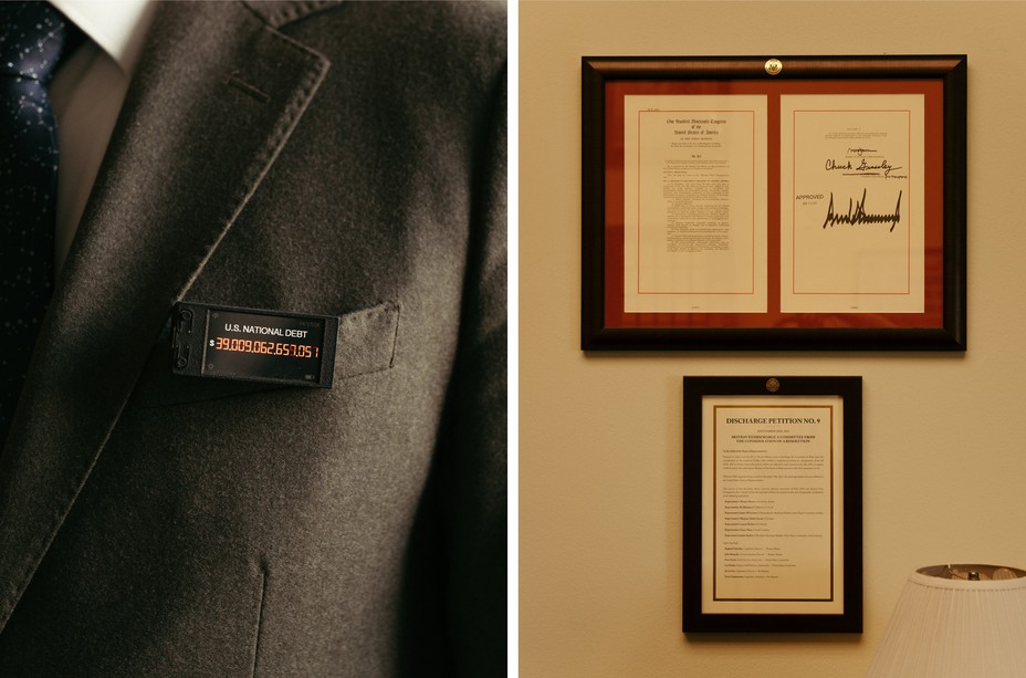 A national debt pin on a lapel and framed letters