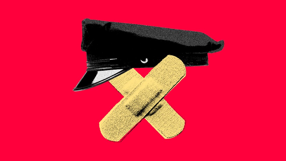 Illustration of two Band-Aids and a police-uniform hat