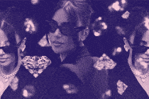 Three images of Kim Kardashian, with her hair up and sunglasses on, as well as a big diamond necklace