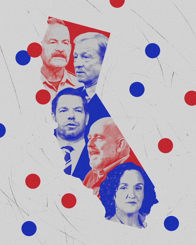 A collage of California GOP gubernatorial candidates within the shape of the state.