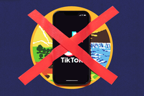 Illustration of a phone displaying the TikTok app taped over with a red "X" on top of the Montana state flag