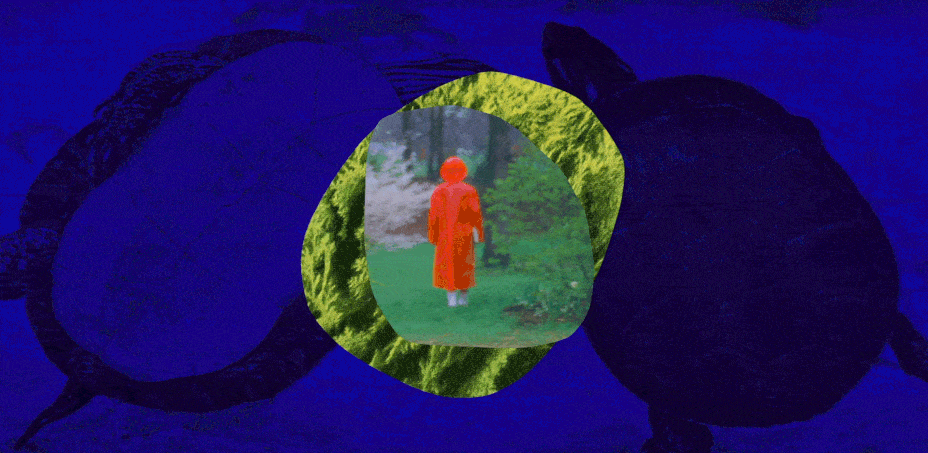 A woman in a red raincoat looking at nature on a moving blue textured background