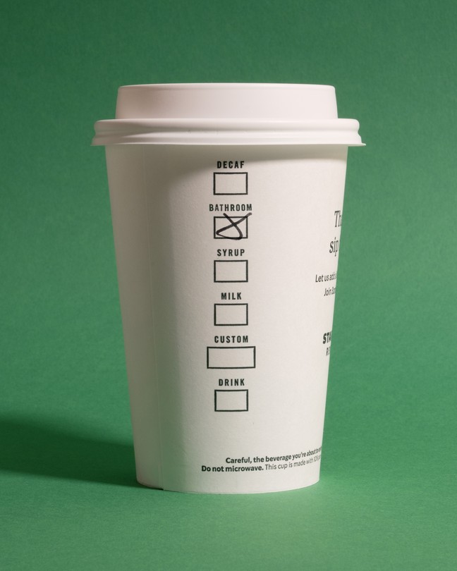Starbucks cup with the bathroom option checked off