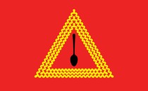 An illustration of a yield sign with a triangle made of noodles, and a spoon in the middle.