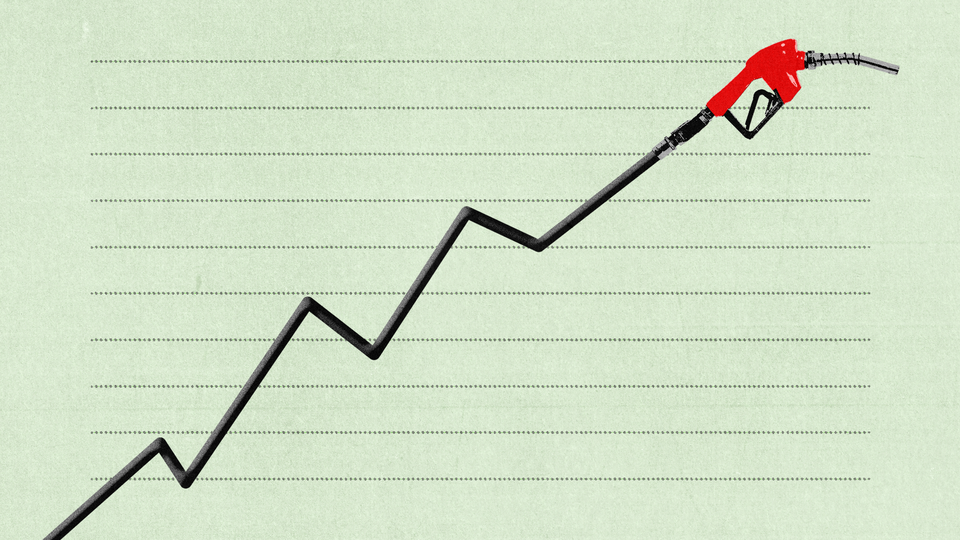 Illustration of a rising-line chart with a gas-pump icon