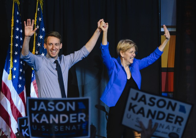 In this photo taken on Oct. 14, 2016, Democratic candidate from Missouri Secretary of State Jason Kander participates in a campaign rally with Democratic Sen. Elizabeth Warren of Massachusetts in Kansas City, Missouri. (Reed Hoffmann/AP)