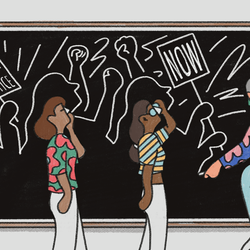 An illustration of a teacher sitting on a stool, drawing pictures of a civil-rights protest on the chalkboard, while students look on. The protesters' signs say "Education and Justice" and "NOW."