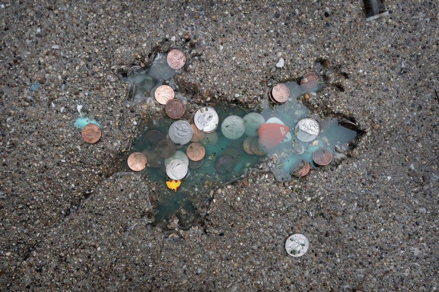 More than a dozen coins lie in and near a puddle of water in a small hole in a sidewalk that bears the outline of either a rat or a squirrel.