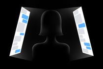 Digital illustration of a woman looking at a screen, seen from behind