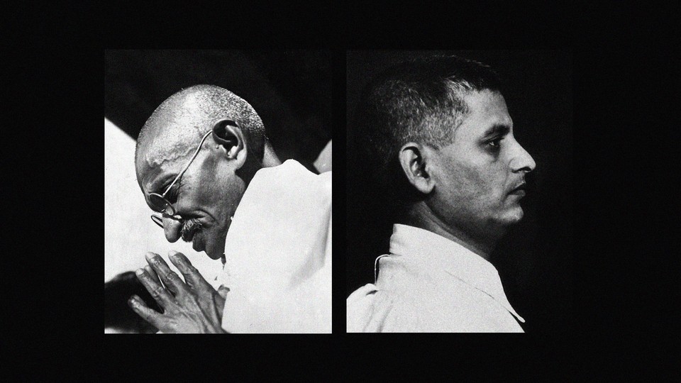 Side-by-side images of Mahatma Gandhi and his assassin, Nathuram Godse