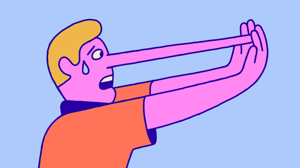 A person with a long, growing Pinocchio nose