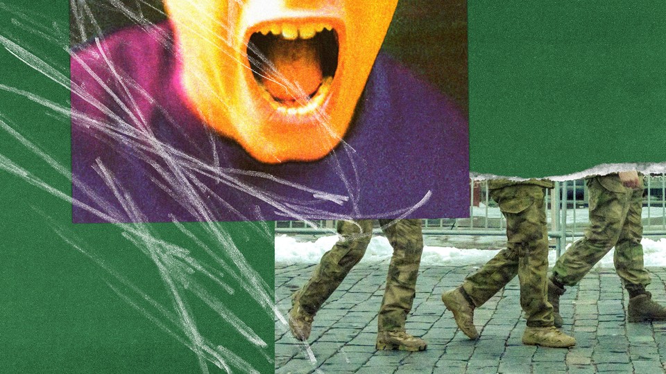 A photo-illustration showing soldiers marching and a child screaming