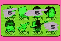 A scratch-off card with celebrity faces
