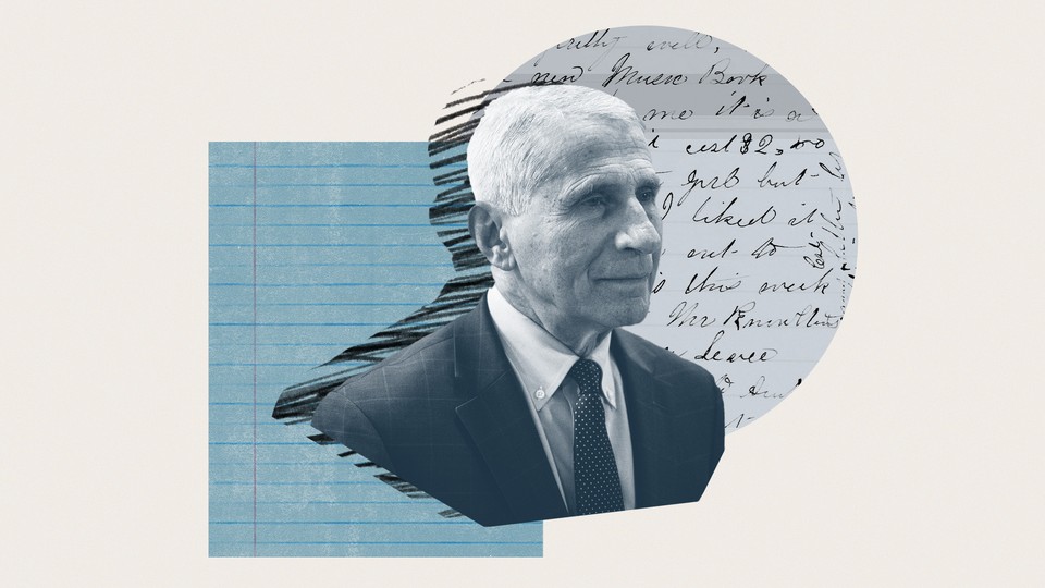 Photo-illustrated collage showing Anthony Fauci, a sheet of blue lined paper, and handwritten text.