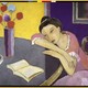 Painting of woman with her head resting on her forearms, looking at a book open on the table