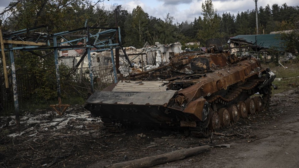 Destroyed armored vehicles and tanks belonging to Russian forces.