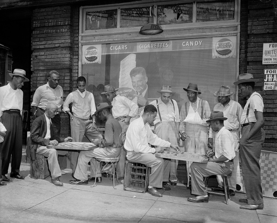 Men playing chess, Babe's Place, Hill District, June 1949
