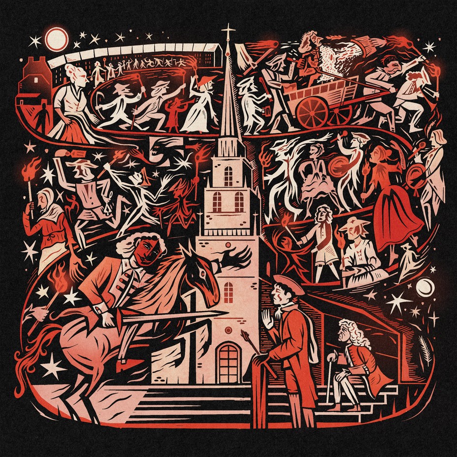 illustration with chaotic swirl of ghoulish characters around Old North Church–like building with person on rearing horse threatening man in colonial dress