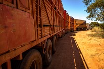 A trackless "road train" drives through the Australian outback.