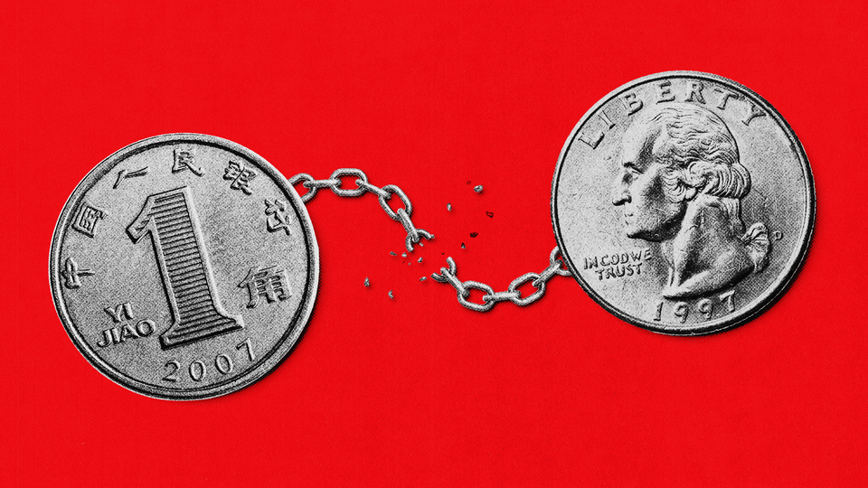 An image of a snapped chain between a yuan coin and a dollar coin.