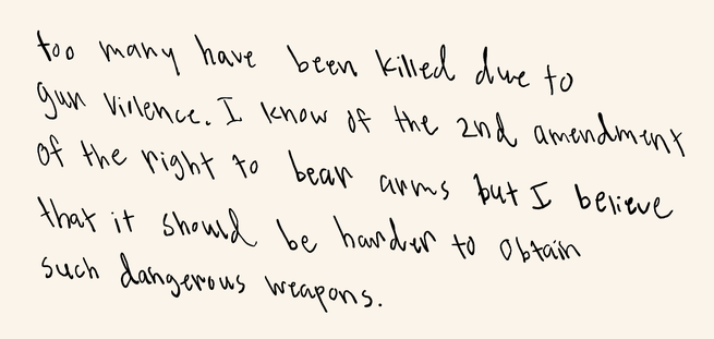 “Too many have been killed due to gun violence. I know of the 2nd amendment of the right to bear arms but I believe it should be harder to obtain such dangerous weapons.”