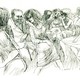 A black and white line illustration of messily sketched men and women in close proximity dancing