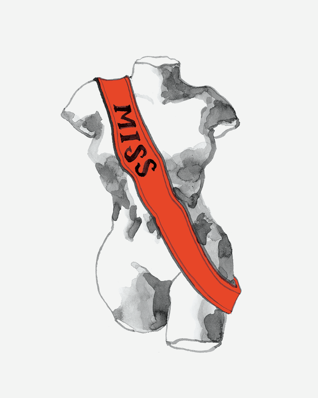 painted illustration of woman's headless, armless, legless torso with red pageant sash that says "MISS" draped across it