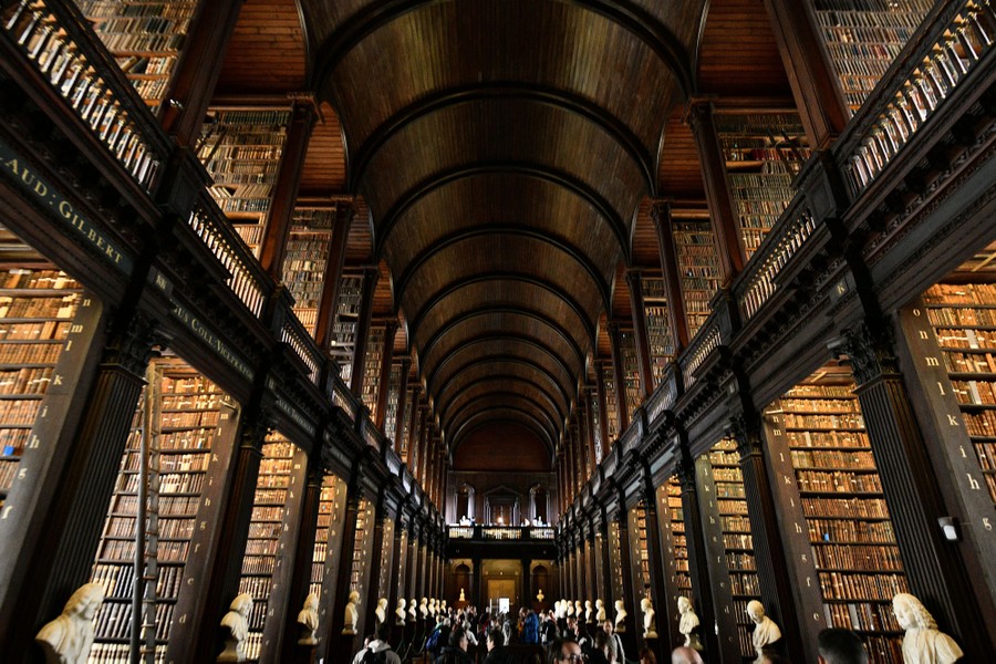 The interior of a long library room with a high arched ceiling