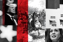 Donald Trump, a Revolutionary War illustration, and Kamala Harris