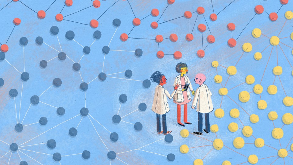 An illustration of three researchers in lab coats standing and talking, surrounded by red, blue, and yellow networks of dots