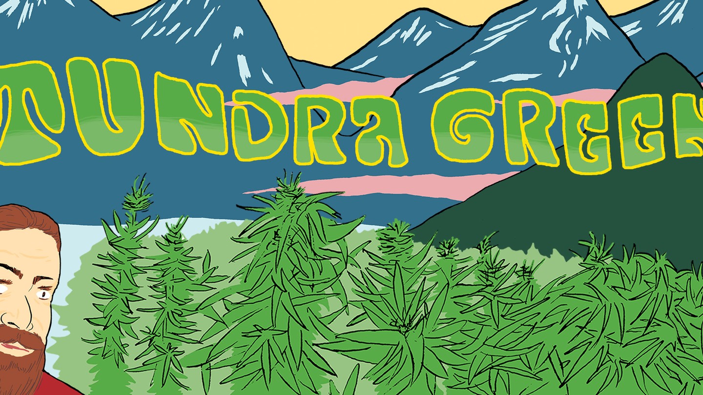 An illustrated image of a field of marijuana, against a backdrop of mountains. A man with a light brown beard is in the left corner. The words "Tundra Green" are suspended in the middle.