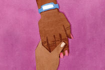 watercolor-style illustration of hand with painted nails and blue hospital ID bracelet on wrist being held by another hand on magenta background