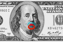 Art of a $100 bill with a pacifier in Benjamin Franklin's mouth