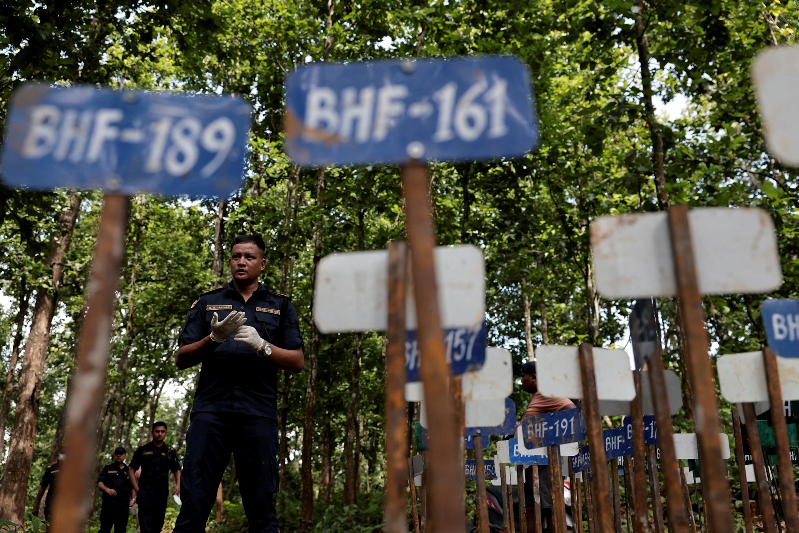 A police officer stands in a forest, near many short poles topped with blue signs with short number-and-letter identification labels.