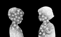 the silhouettes of two children facing each other are full of viruses