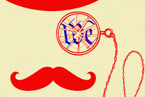 A minimalistic graphic illustration of a red mustache beneath a red broken monocle that reads "We" in a dark-blue script resembling that of the U.S. Constitution's Preamble.