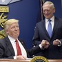 Donald Trump shakes Defense Secretary James Mattis's hand after signing an executive order on immigration.