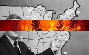 Black-and-white image of a meteorologist pointing to a map with a cutout of a forest fire superimposed