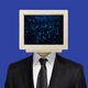 A graphic illustration of an old-looking desktop computer monitor as a head atop a suit and tie outfit, with a blue background.