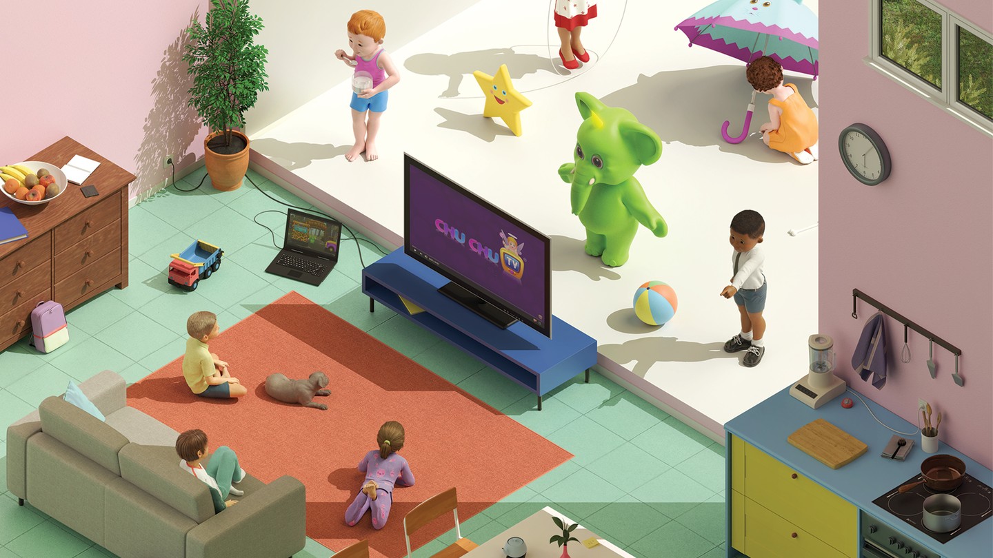 An illustration of children sitting around a television
