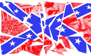 A shattered Confederate flag made up of images of the January 6th insurrection