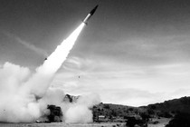 Black-and-white photo of an Army Tactical Missile System shot into the sky