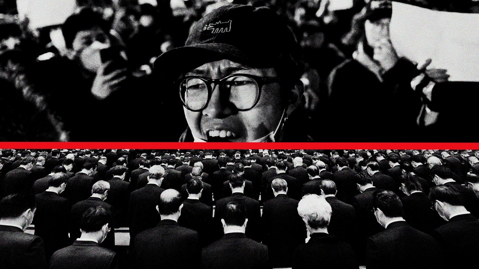 Juxtaposed image of Chinese protesters and mourners