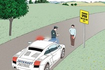 An illustration of an "Internet Patrol" officer writing a ticket while someone stands in front of a "Minimum Speed" sign