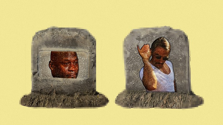 Pixelated headstones with Crying Jordan and Salt Bae memes imposed on them