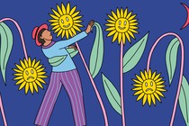 A man dances with a smiling sunflower; around him are both smiling and frowning flowers.