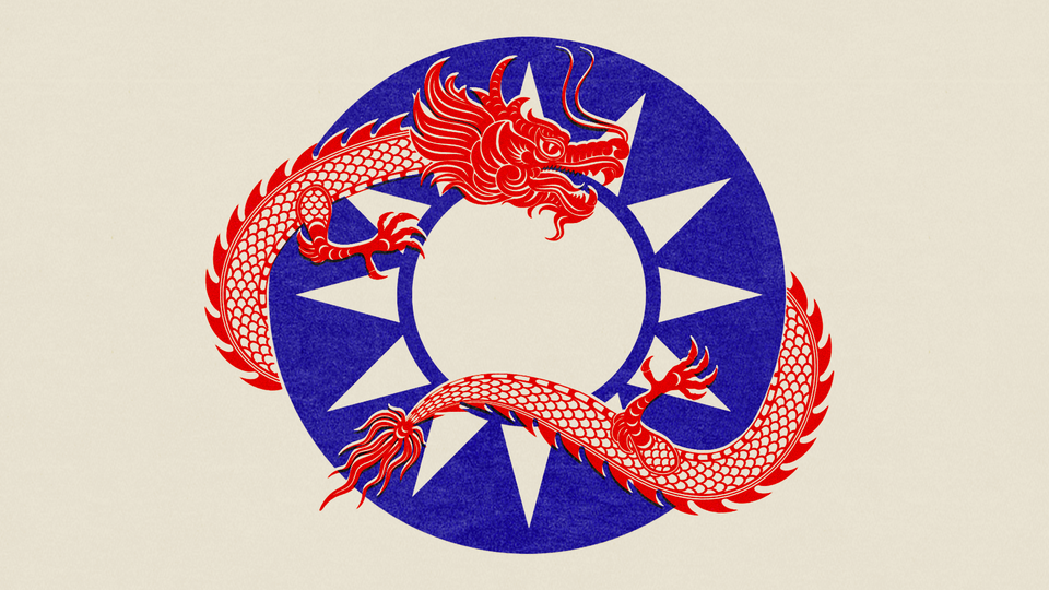 Chinese red dragon wrapped around blue circle of Taiwanese flag
