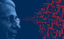 Illustration with profile photo of Fauci looking to right with red dots increasing in number from a few to many