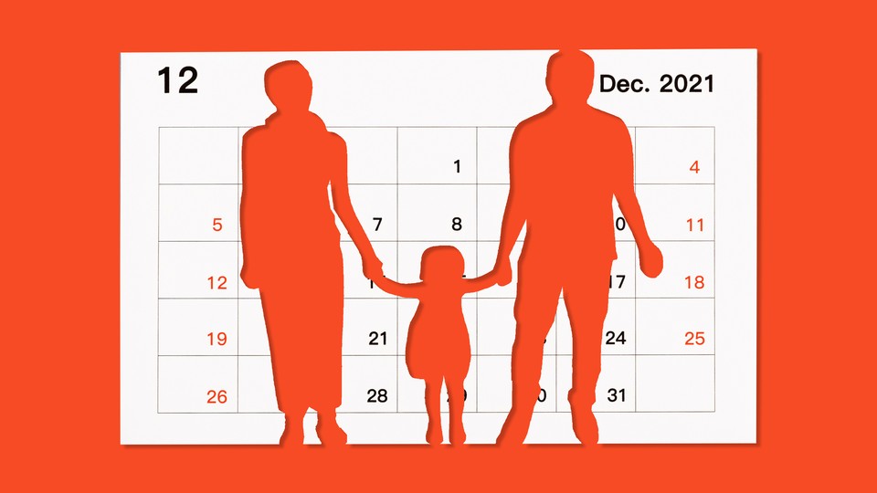 An illustration with a silhouette of a family superimposed on a calendar